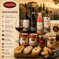Degustazione Tre Vini, Bruschette EVO, Maionese al Tartufo, Burro Tartufato, Popcorn al Tartufo, Pappa al Pomodoro, Ribollita, Formaggio e Miele Tartufato, Pesche Sciroppate