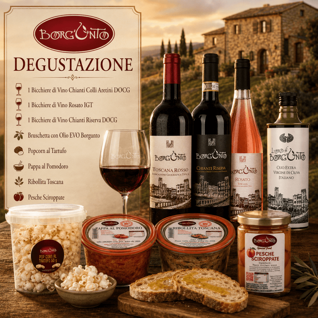 Degustazione Tre Vini, Bruschette EVO, Popcorn al Tartufo, Pappa al Pomodoro, Ribollita Toscana, Pesche Sciroppate